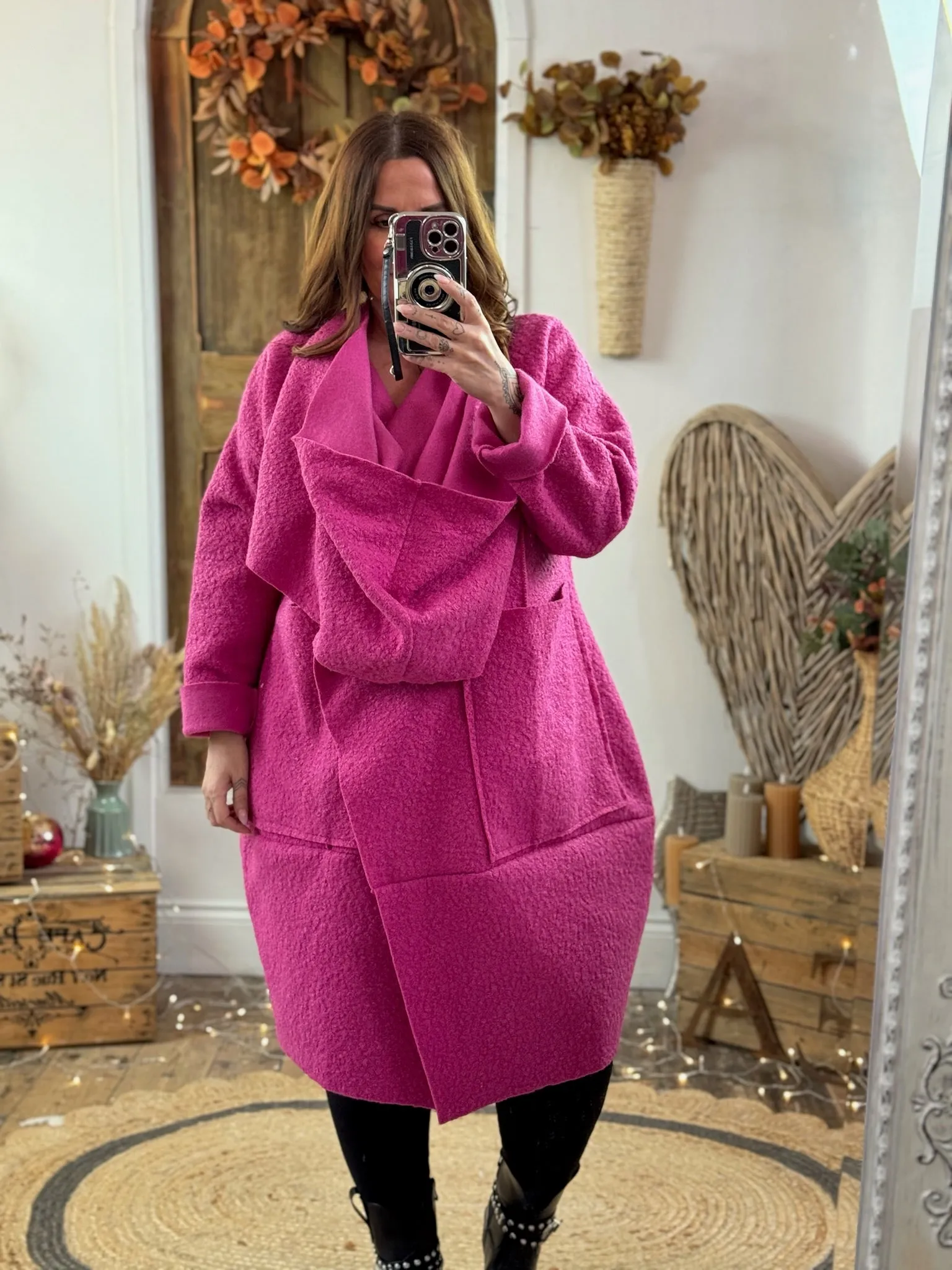 Magenta Hudson Boucle Wrap Neck Teddy Coat