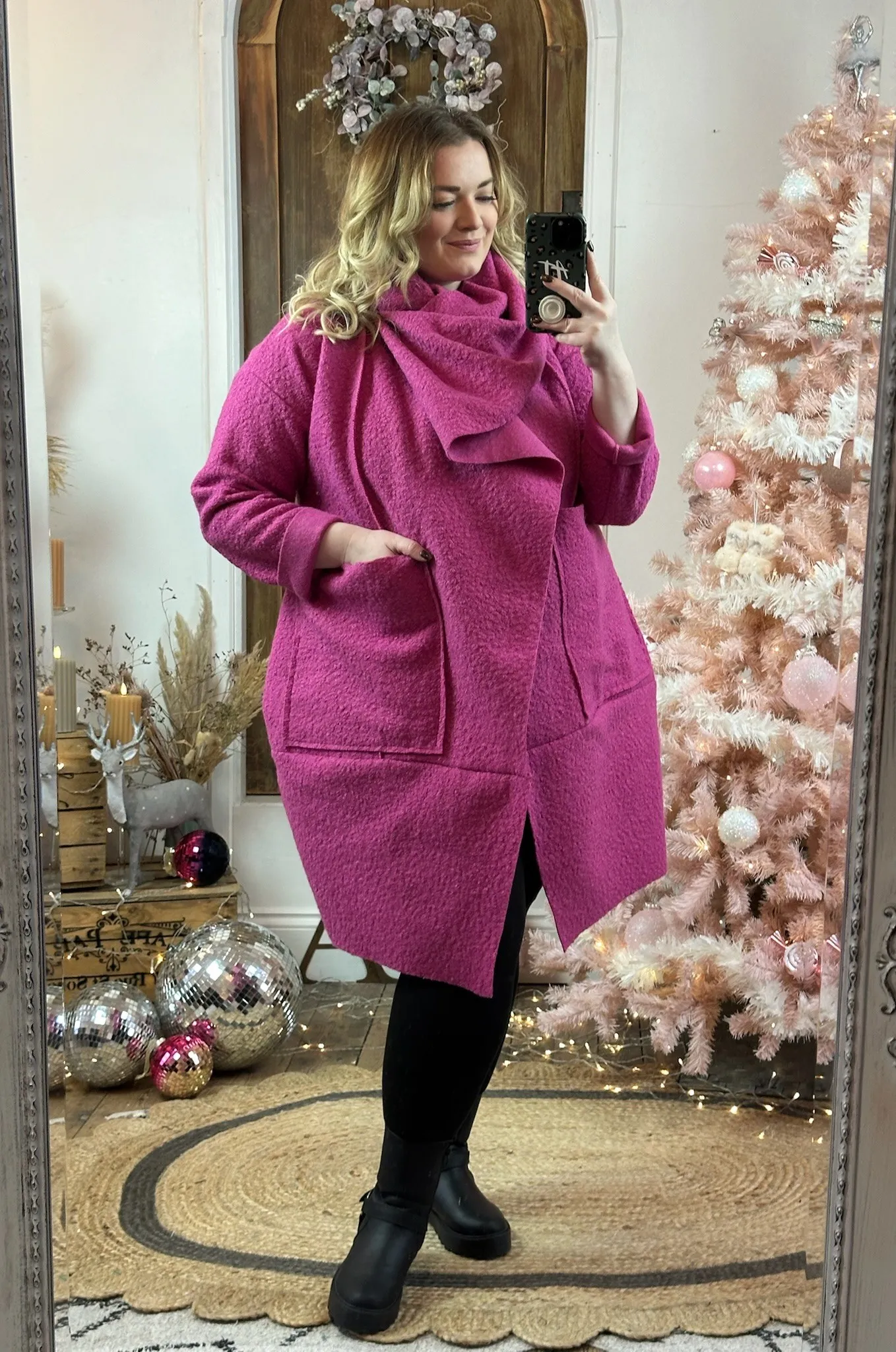 Magenta Hudson Boucle Wrap Neck Teddy Coat