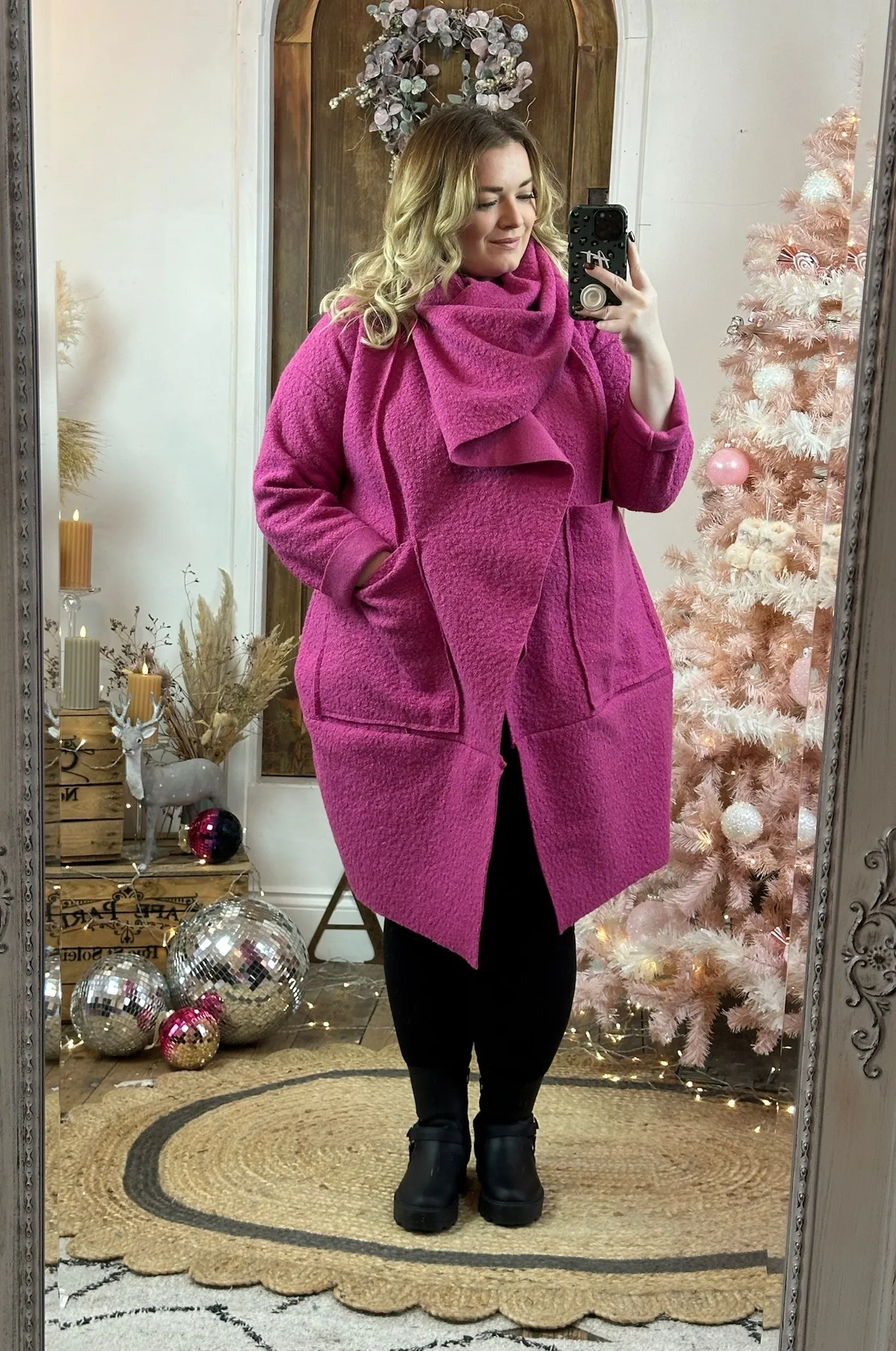 Magenta Hudson Boucle Wrap Neck Teddy Coat
