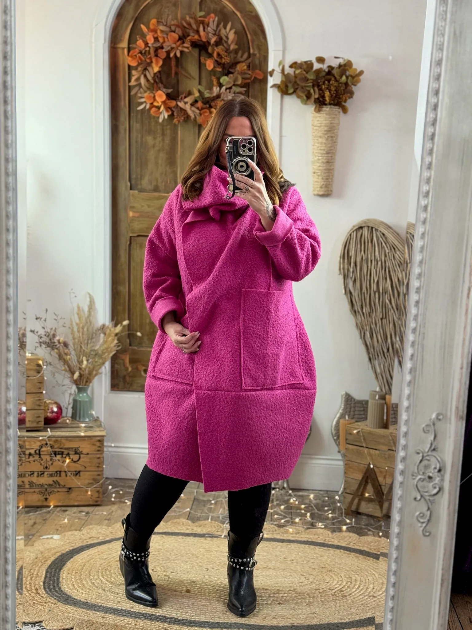 Magenta Hudson Boucle Wrap Neck Teddy Coat