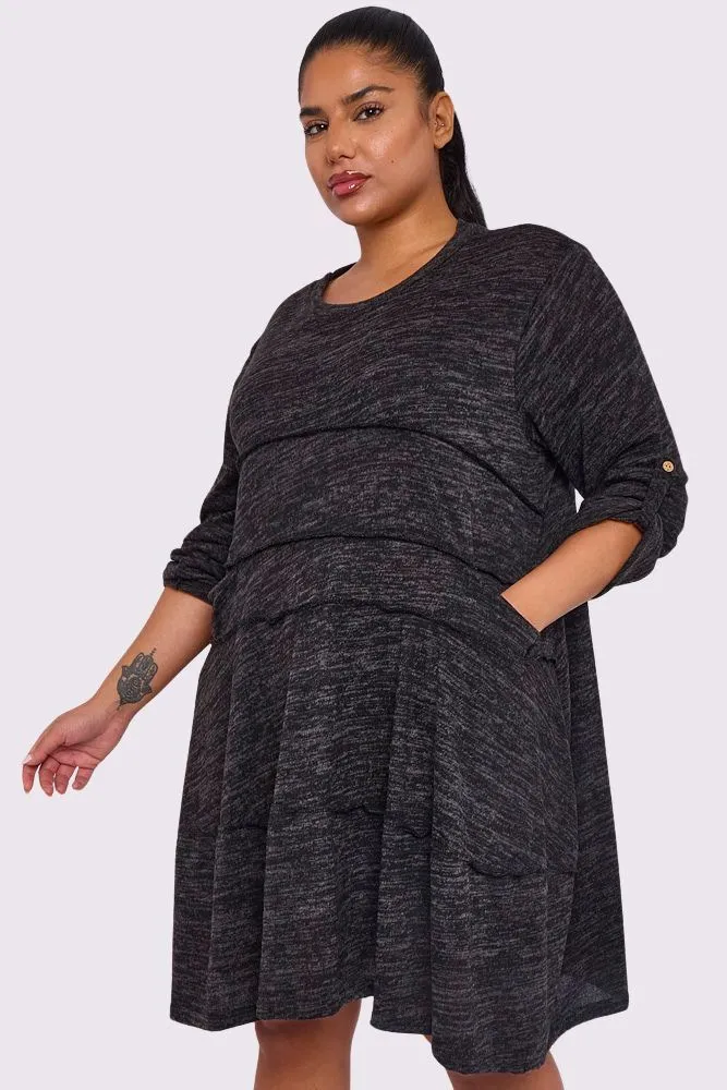 Marl Pattern Front Slit Pockets Soft Feel Cotton Dress