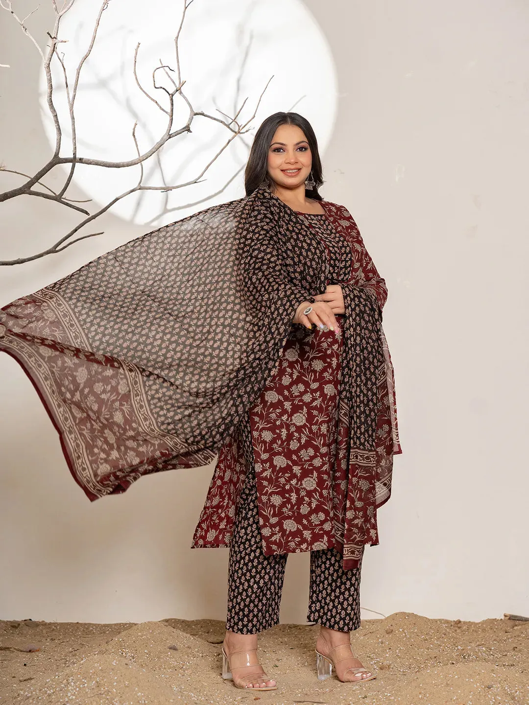 Maroon Cotton Floral Print Suit Set with Dupatta
