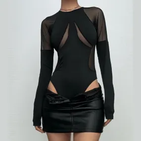 Mesh patchwork solid long sleeve crewneck bodysuit