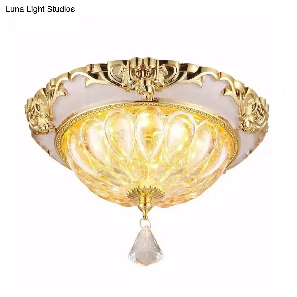 Modern Amber Crystal Glass LED Ceiling Flush Mount with Gold Carved Edge