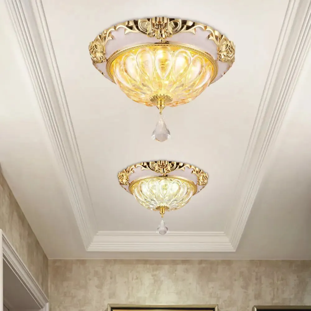 Modern Amber Crystal Glass LED Ceiling Flush Mount with Gold Carved Edge