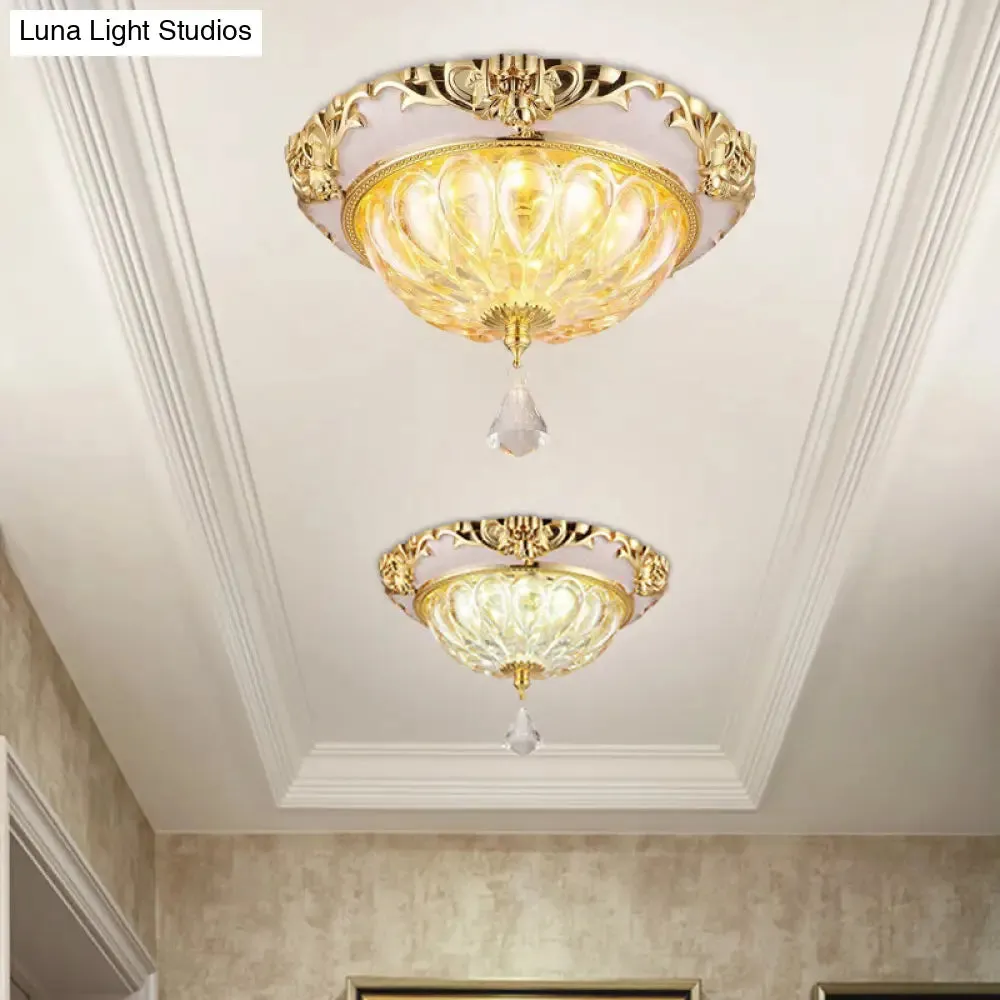 Modern Amber Crystal Glass LED Ceiling Flush Mount with Gold Carved Edge
