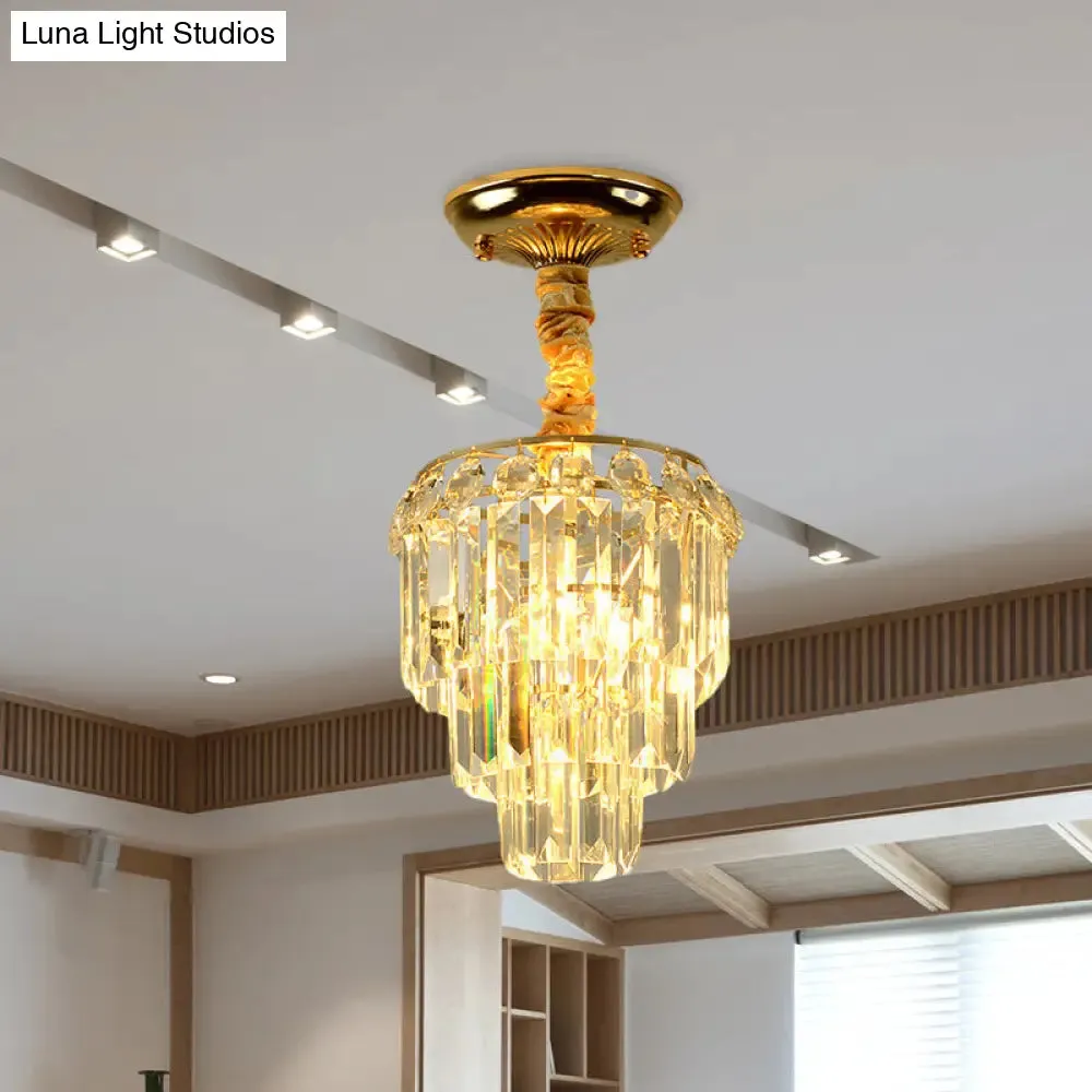 Modern Crystal Foyer Flush Mount Light - Elegant 3-Layer Tapered Design with Gold Accents