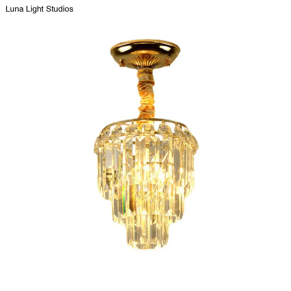 Modern Crystal Foyer Flush Mount Light - Elegant 3-Layer Tapered Design with Gold Accents