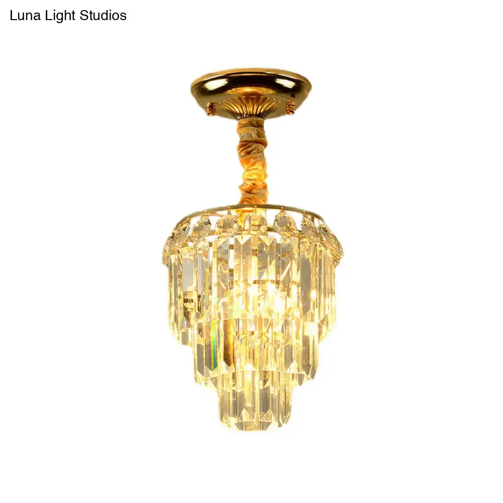 Modern Crystal Foyer Flush Mount Light - Elegant 3-Layer Tapered Design with Gold Accents