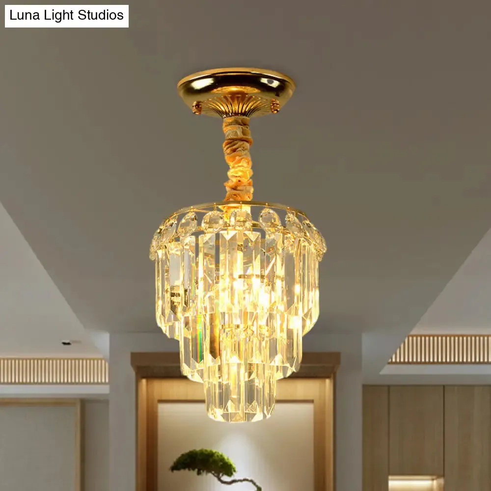 Modern Crystal Foyer Flush Mount Light - Elegant 3-Layer Tapered Design with Gold Accents