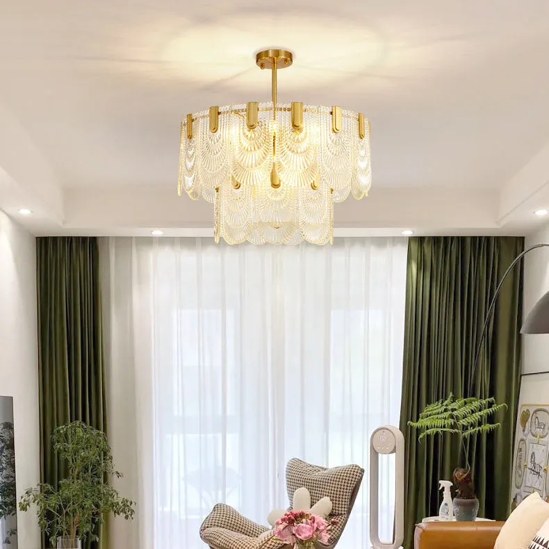Modern Luxury Round Double Layer Glass Iron 6/9 Light Pendant Light For Living Room