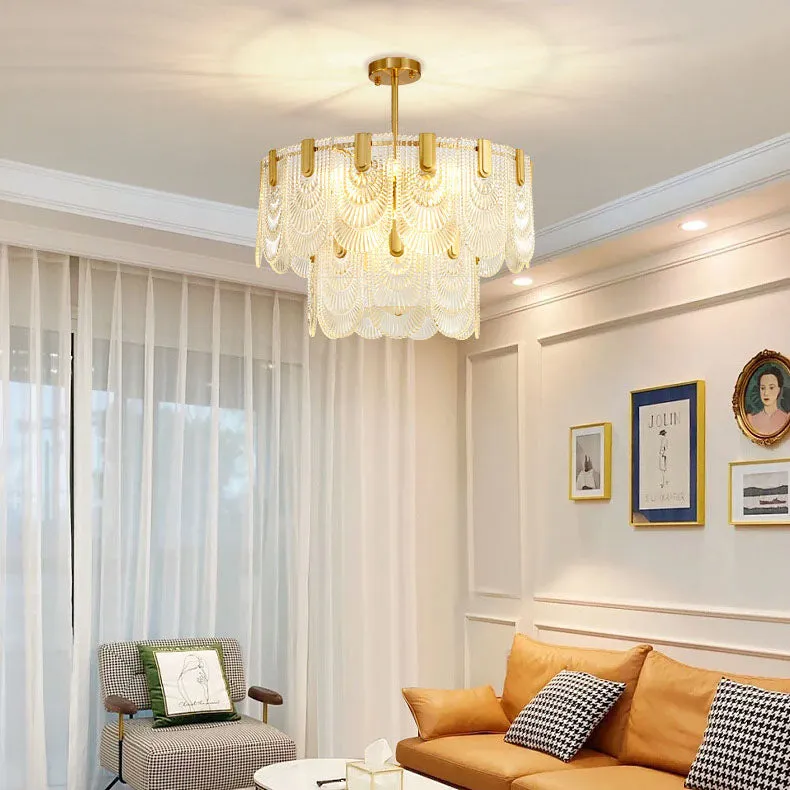 Modern Luxury Round Double Layer Glass Iron 6/9 Light Pendant Light For Living Room