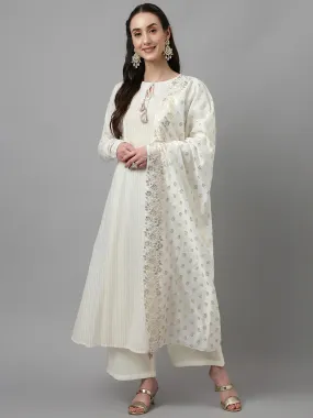 Off White Solid Cotton A Line Suit Set with Chanderi Foil Print Dupatta