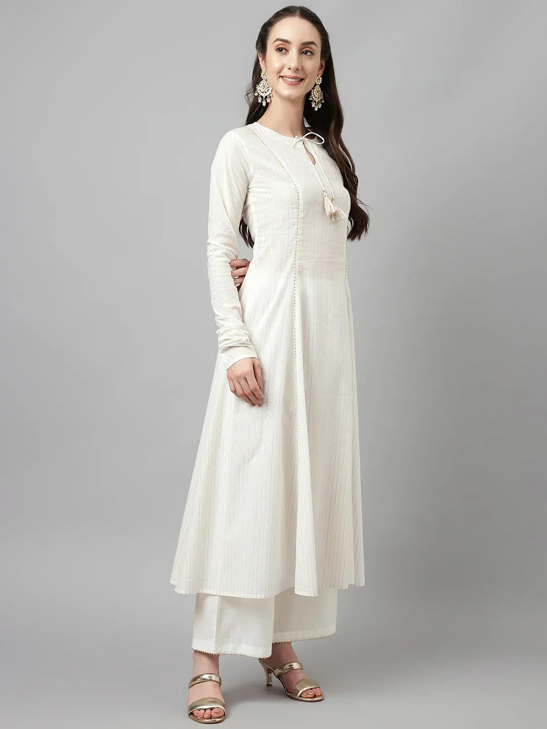 Off White Solid Cotton A Line Suit Set with Chanderi Foil Print Dupatta