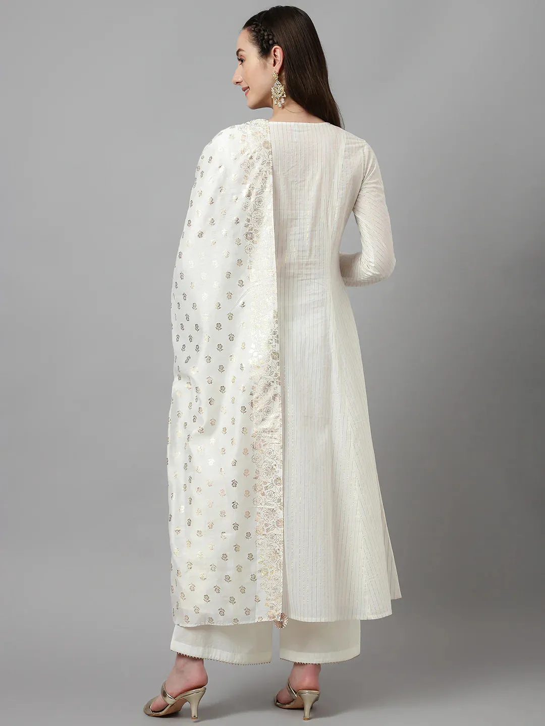 Off White Solid Cotton A Line Suit Set with Chanderi Foil Print Dupatta