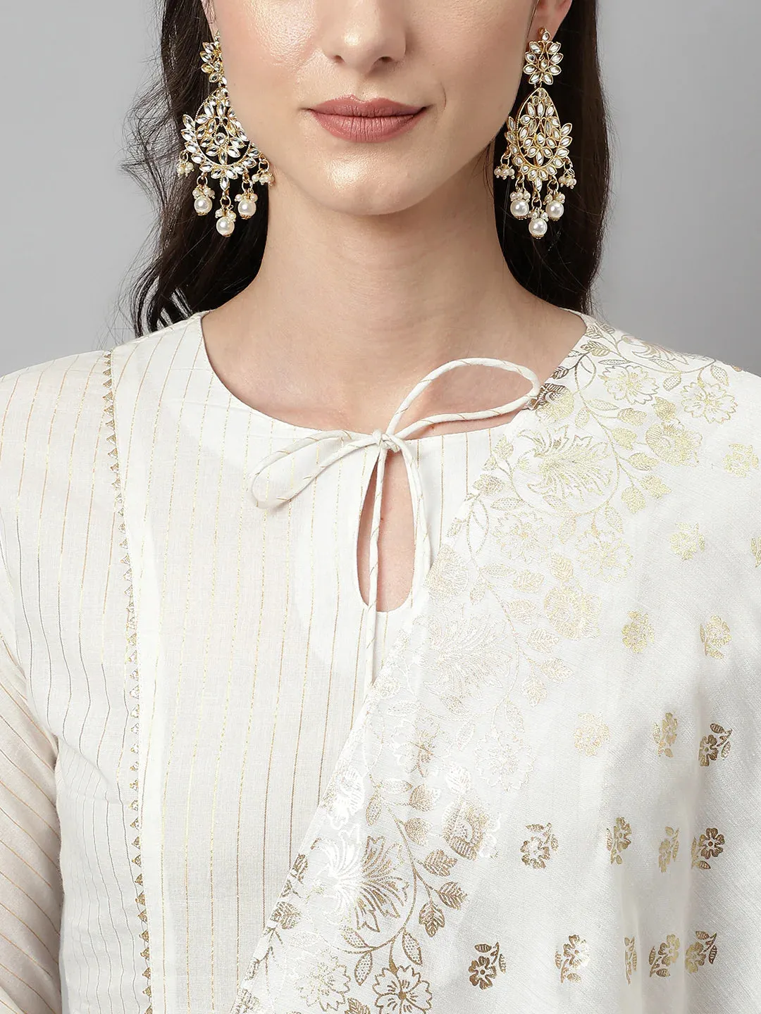 Off White Solid Cotton A Line Suit Set with Chanderi Foil Print Dupatta