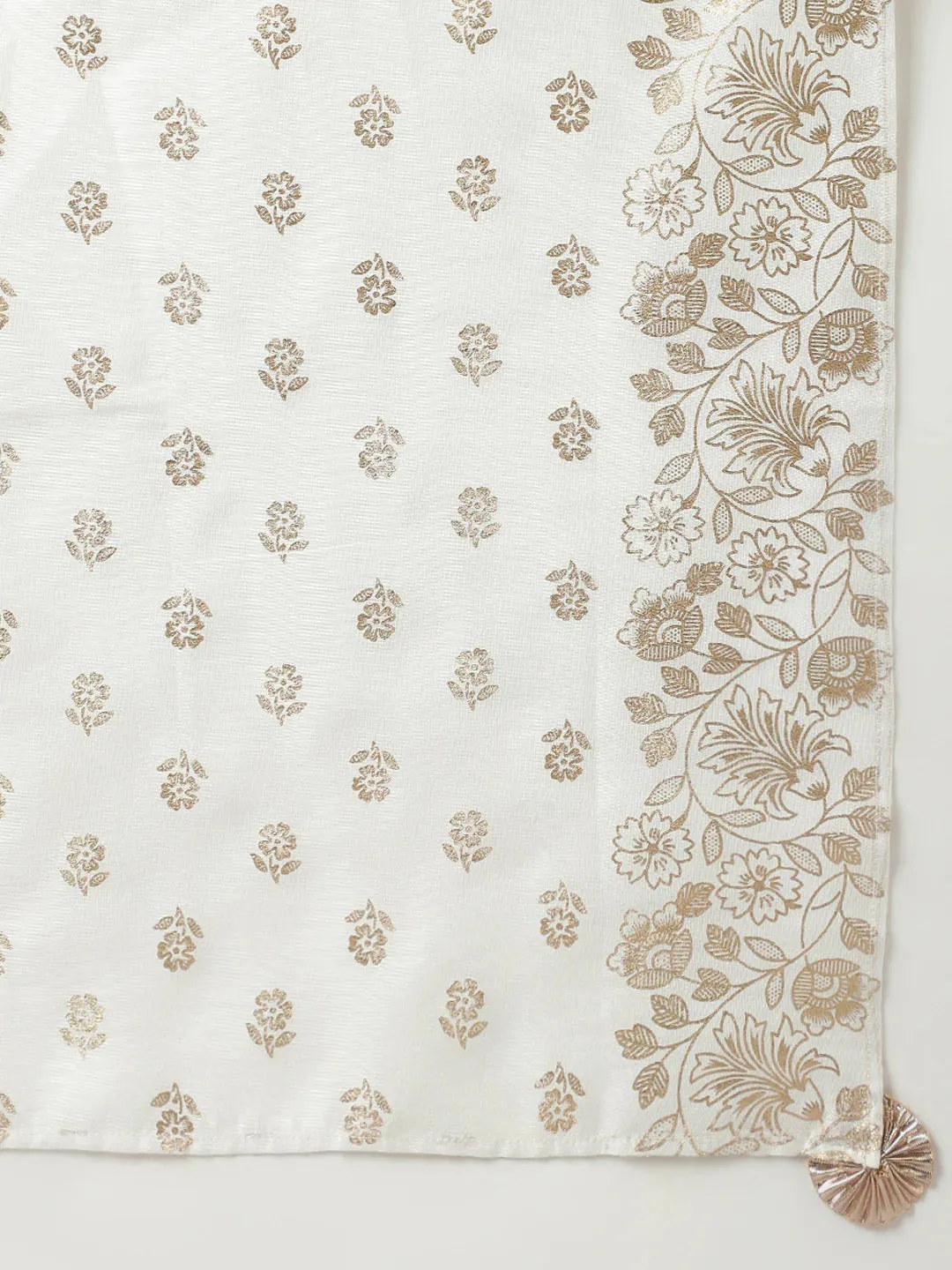Off White Solid Cotton A Line Suit Set with Chanderi Foil Print Dupatta