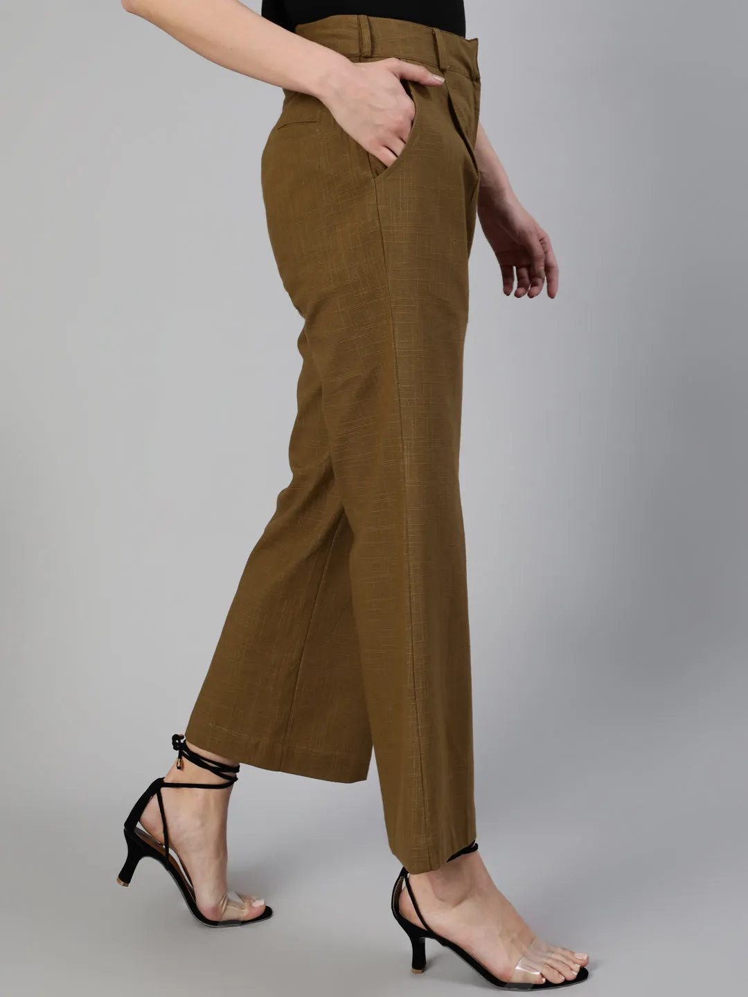 Olive Cotton Slub Flared High Rise Parallel Pants