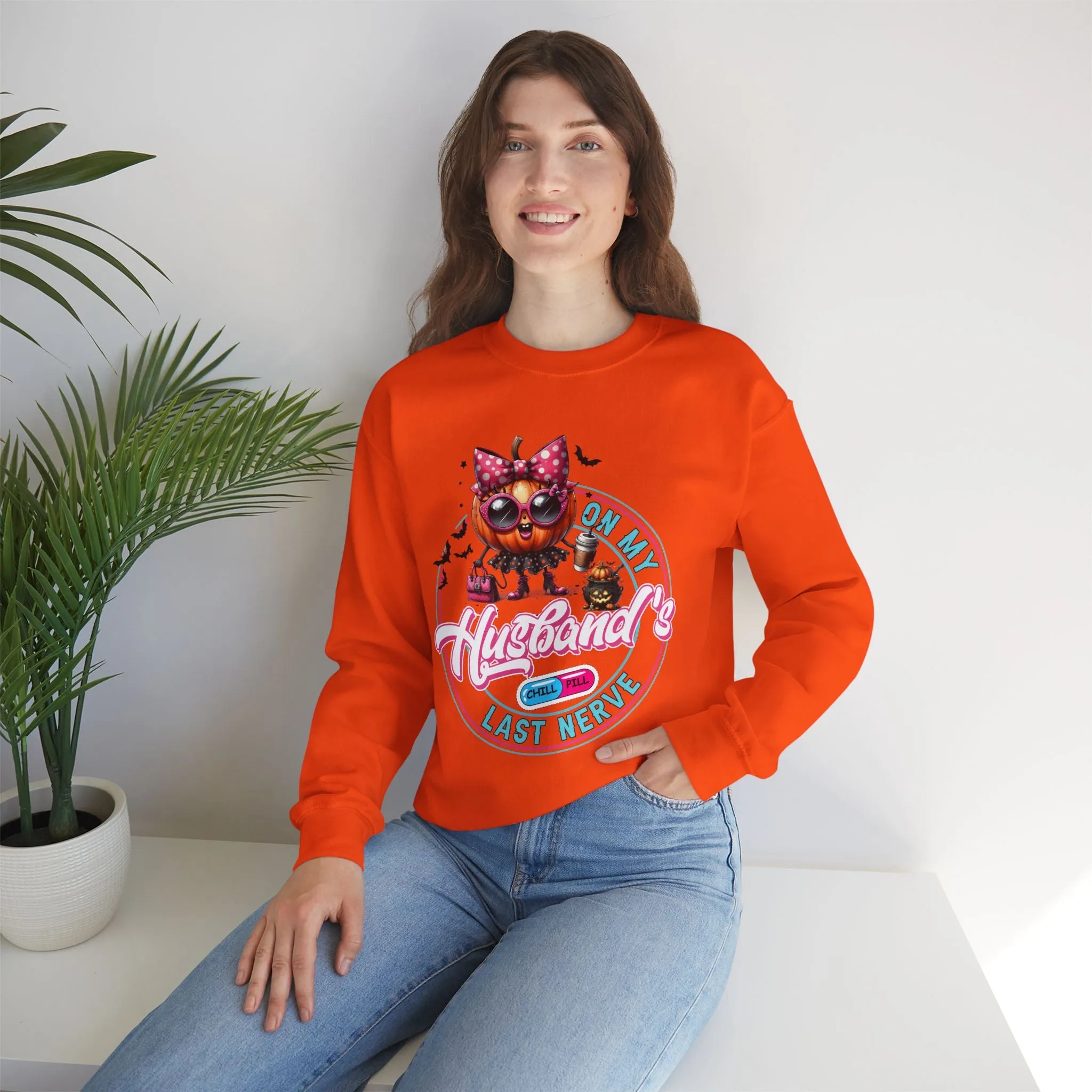On My Husband's Last Nerve Halloween Sweatshirt, Happy Halloween Sweatshirt - Unisex Heavy Blend Crewneck, Halloween Sweatshirt, Cute Spooky Ghost sweatshirt.