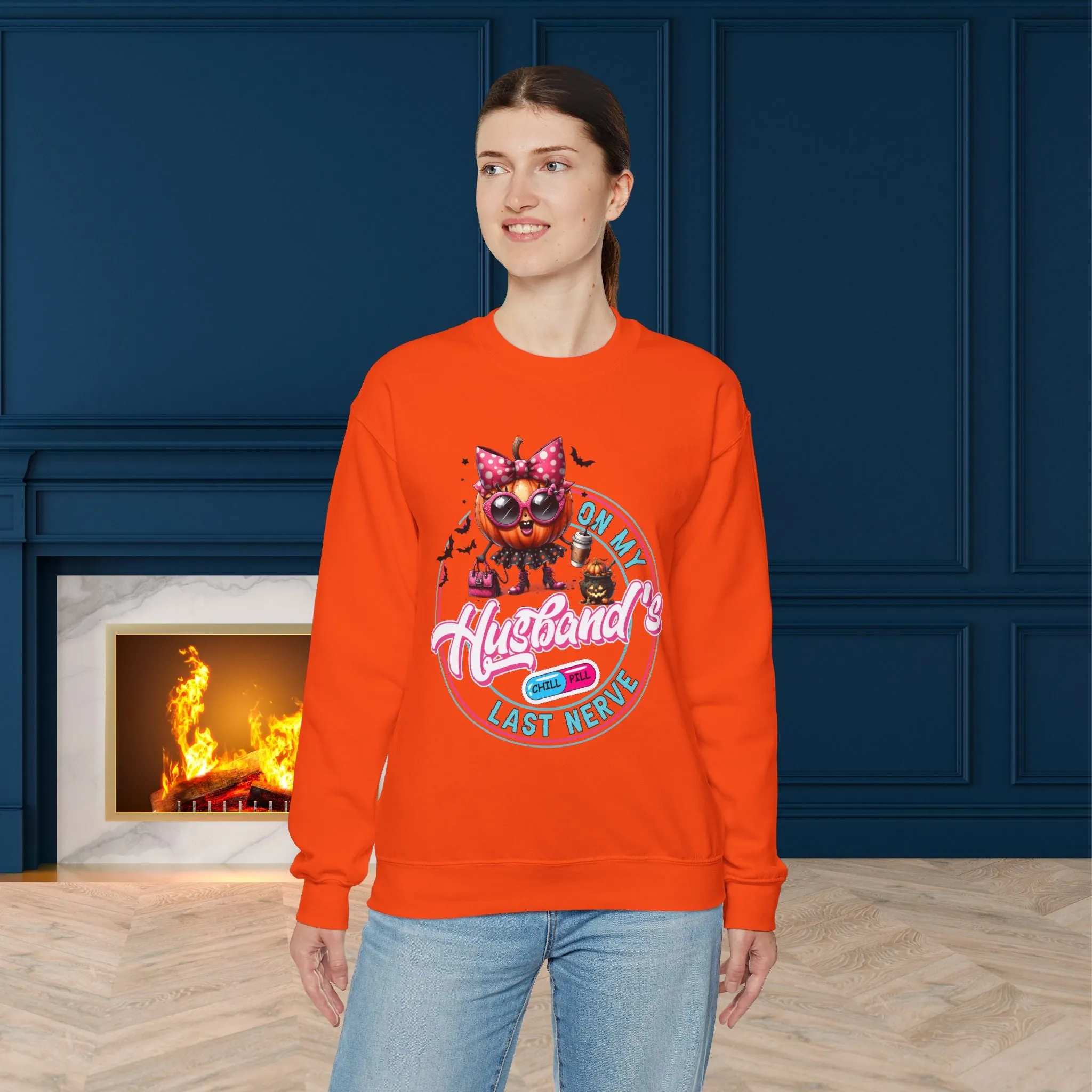 On My Husband's Last Nerve Halloween Sweatshirt, Happy Halloween Sweatshirt - Unisex Heavy Blend Crewneck, Halloween Sweatshirt, Cute Spooky Ghost sweatshirt.