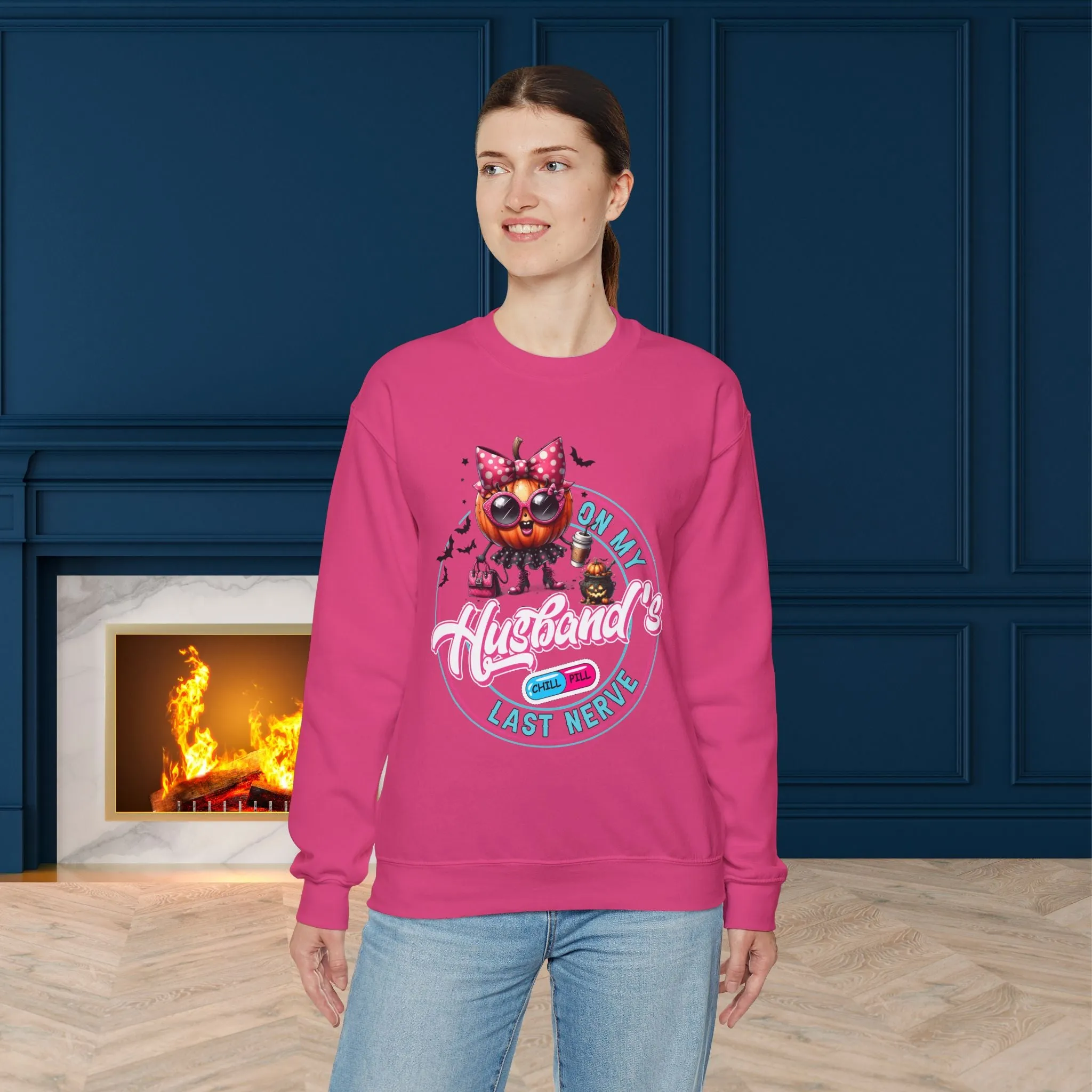 On My Husband's Last Nerve Halloween Sweatshirt, Happy Halloween Sweatshirt - Unisex Heavy Blend Crewneck, Halloween Sweatshirt, Cute Spooky Ghost sweatshirt.