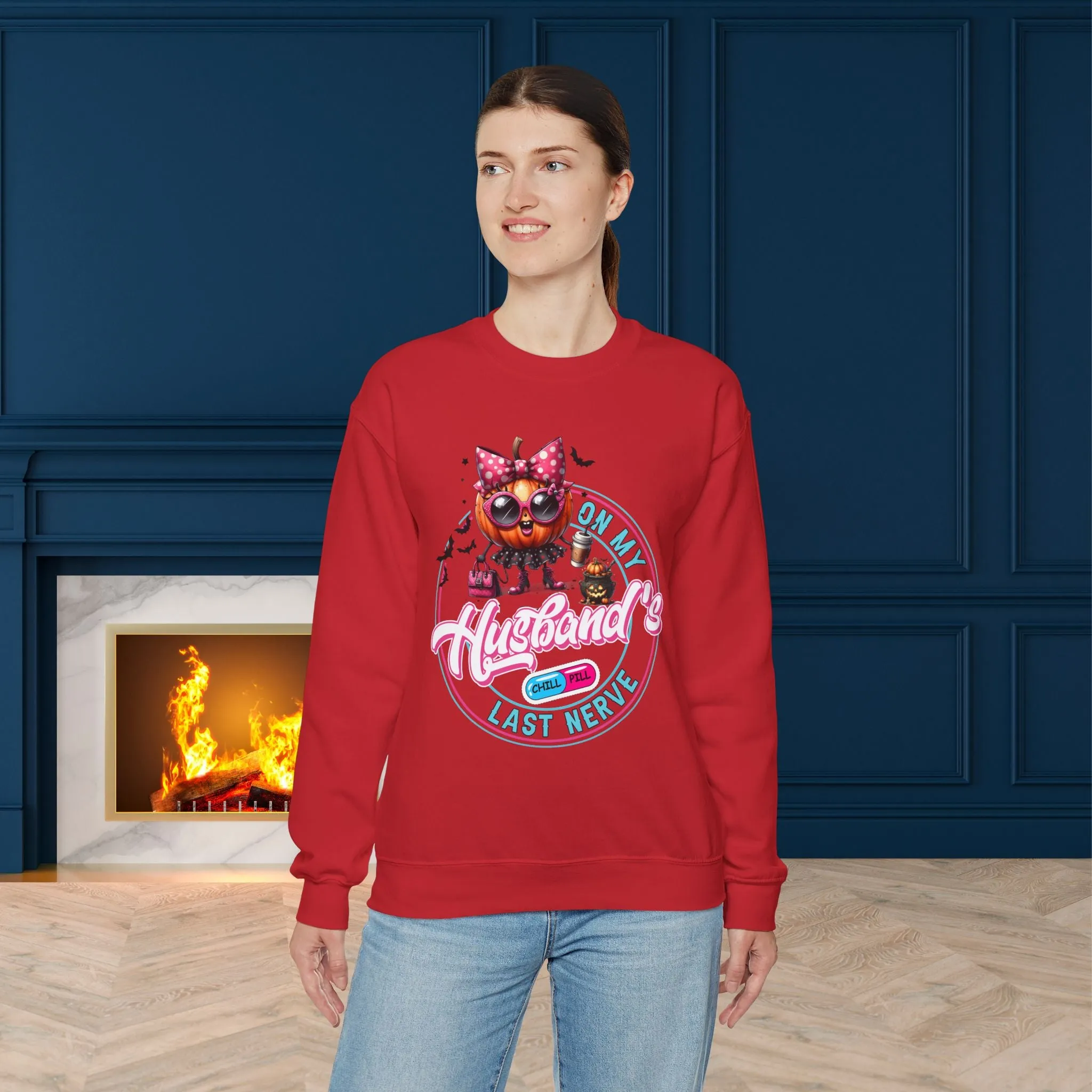 On My Husband's Last Nerve Halloween Sweatshirt, Happy Halloween Sweatshirt - Unisex Heavy Blend Crewneck, Halloween Sweatshirt, Cute Spooky Ghost sweatshirt.