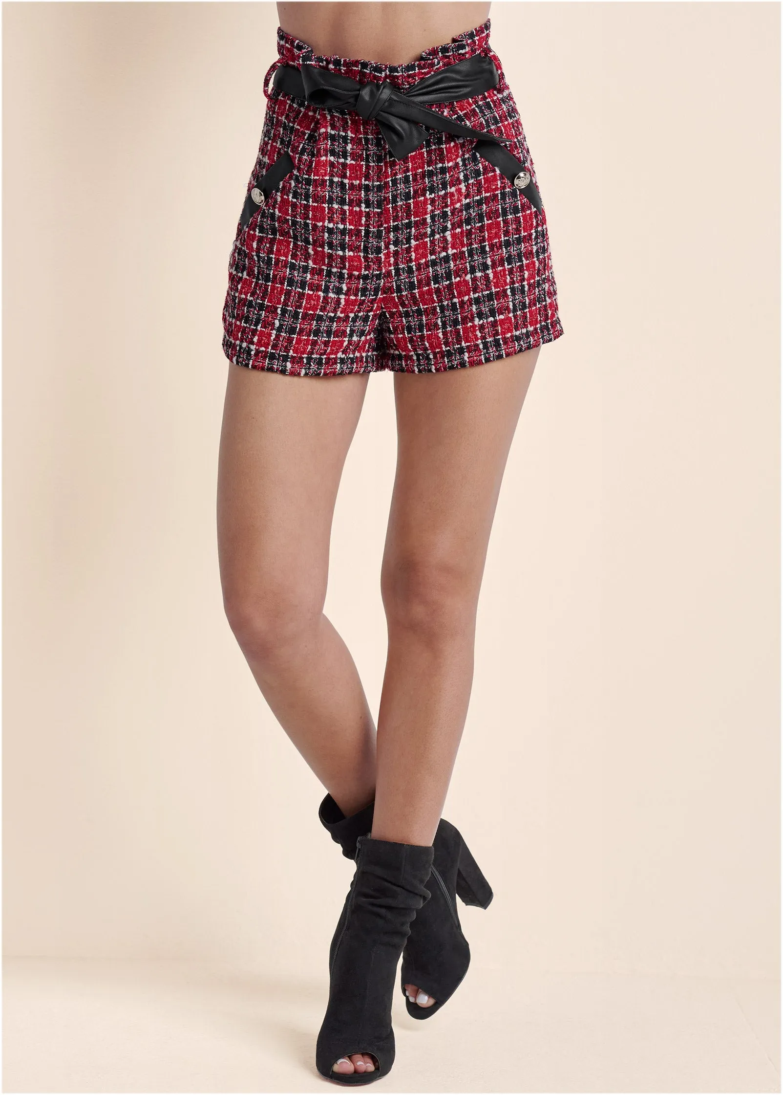 Paperbag High Waisted Tweed Short - Black & Red
