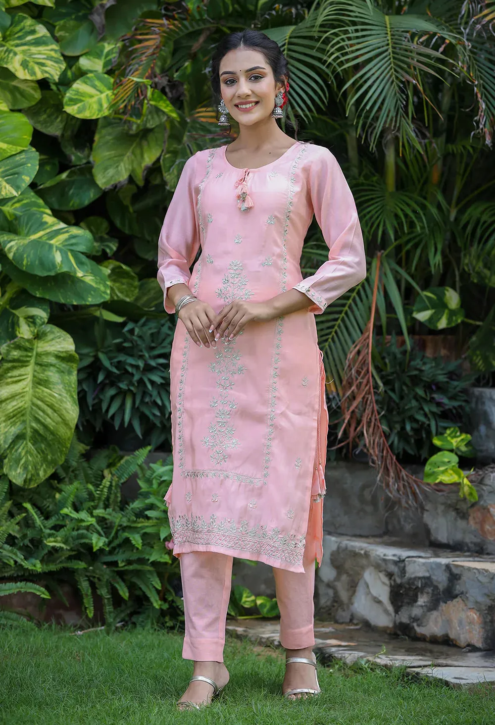 Peach Muslin Silk Zari Embroidered Suit Set with Dupatta