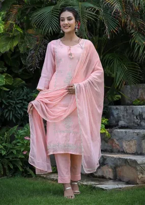 Peach Muslin Silk Zari Embroidered Suit Set with Dupatta