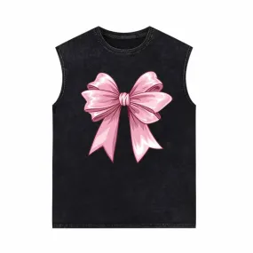 Pink Fluffy Bow Vintage Washed Vest Top