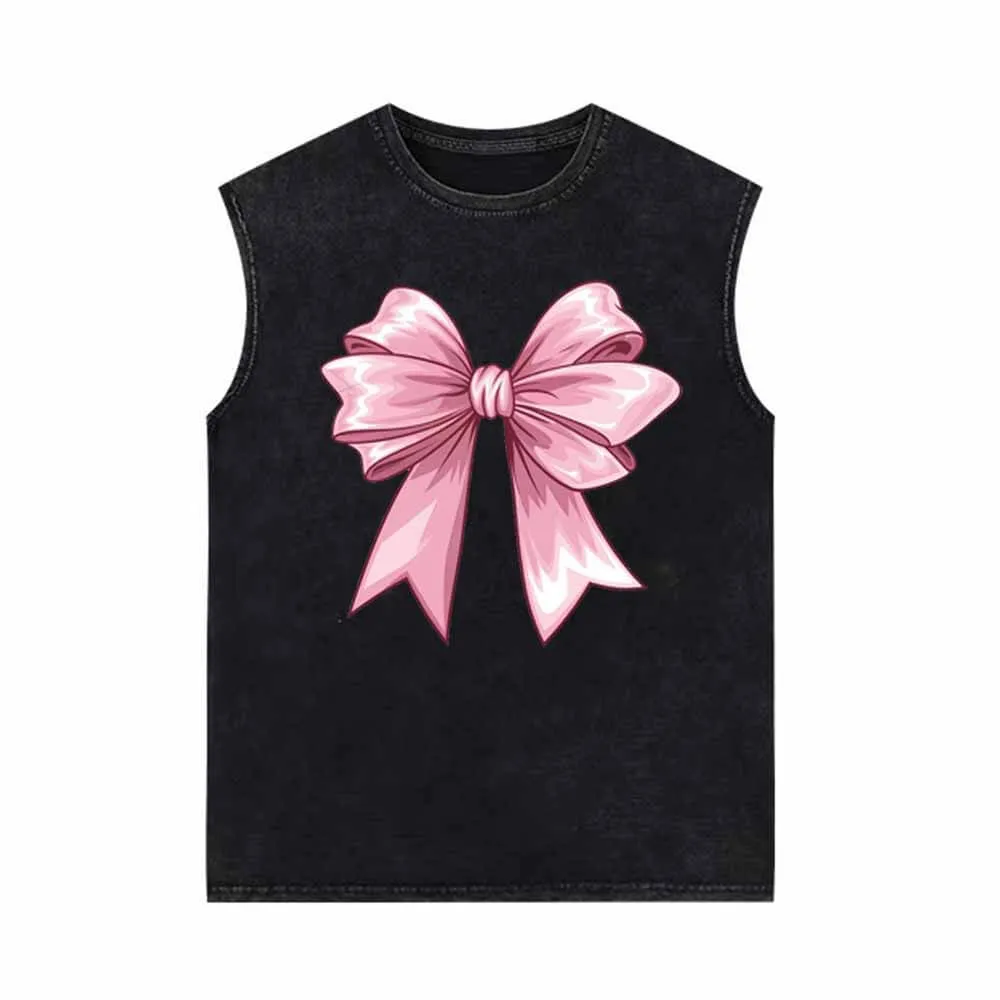 Pink Fluffy Bow Vintage Washed Vest Top