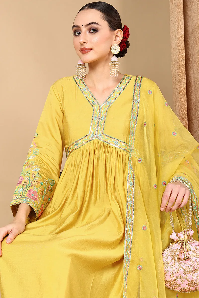 Plus Size Yellow Silk Blend Solid Anarkali Style Suit Set