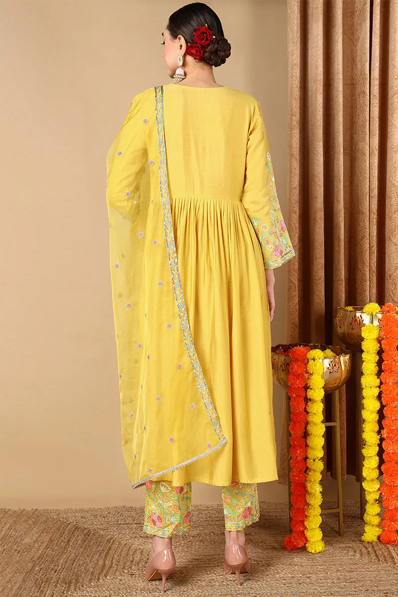 Plus Size Yellow Silk Blend Solid Anarkali Style Suit Set