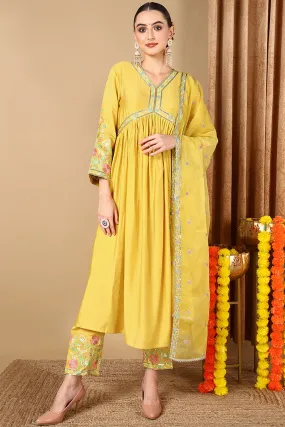 Plus Size Yellow Silk Blend Solid Anarkali Style Suit Set