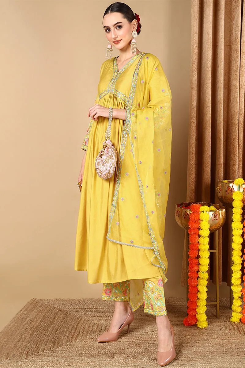 Plus Size Yellow Silk Blend Solid Anarkali Style Suit Set