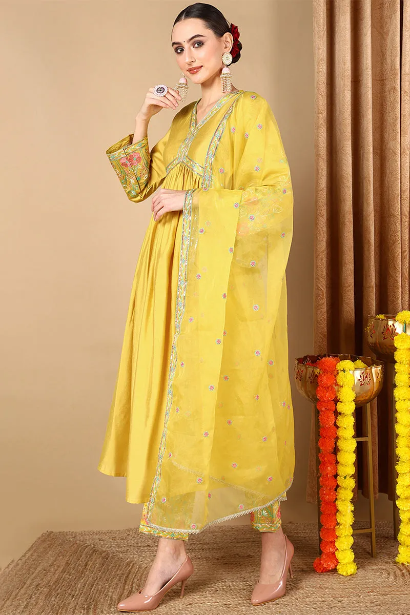 Plus Size Yellow Silk Blend Solid Anarkali Style Suit Set