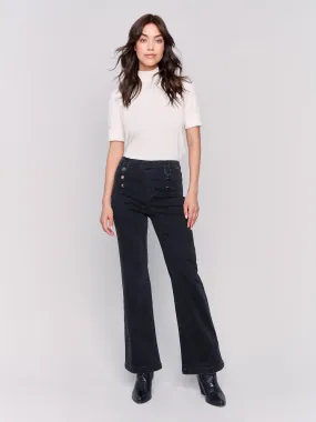 Pull-On Flare Jeans With Front Buttons - Charcoal