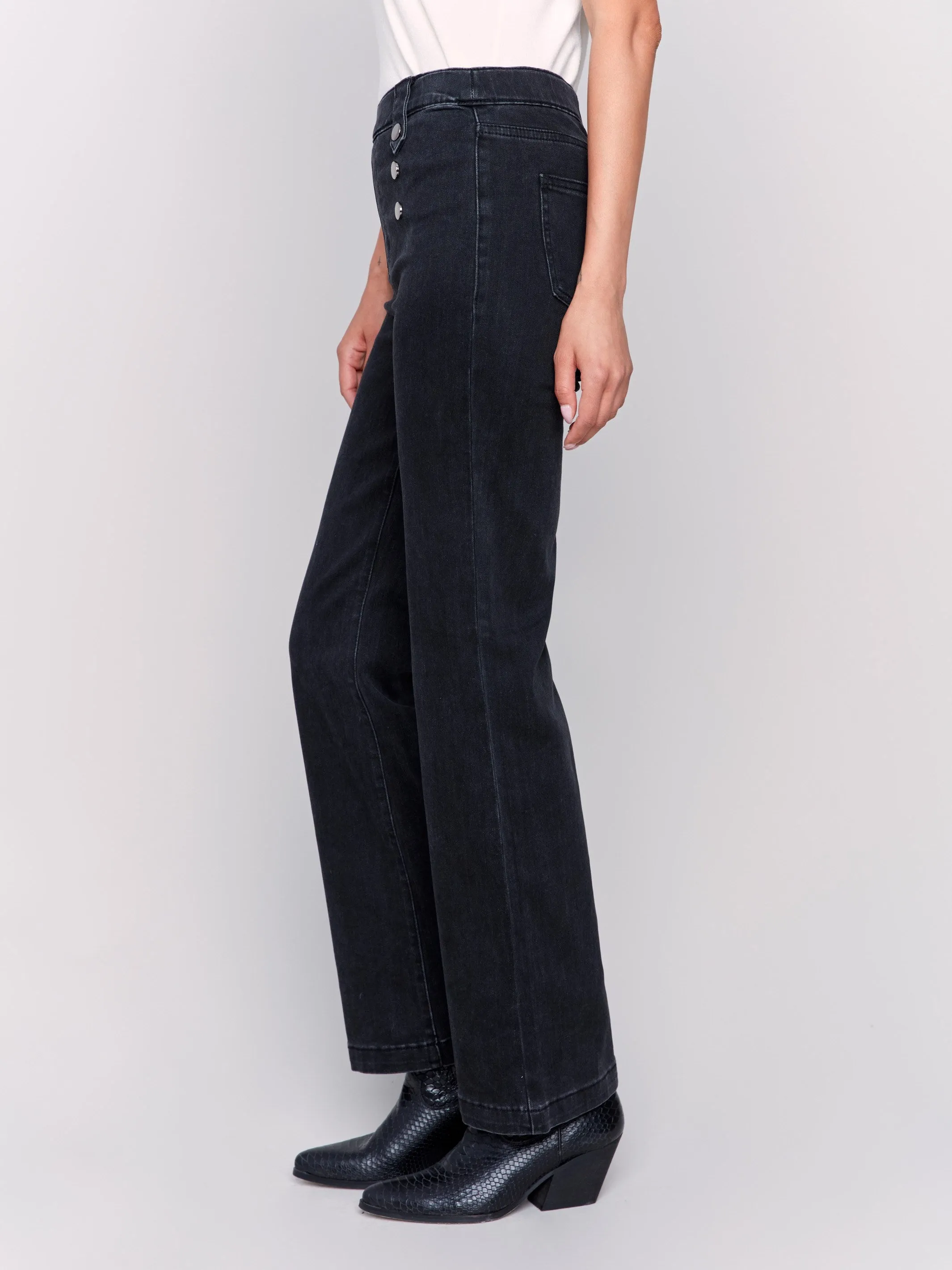 Pull-On Flare Jeans With Front Buttons - Charcoal