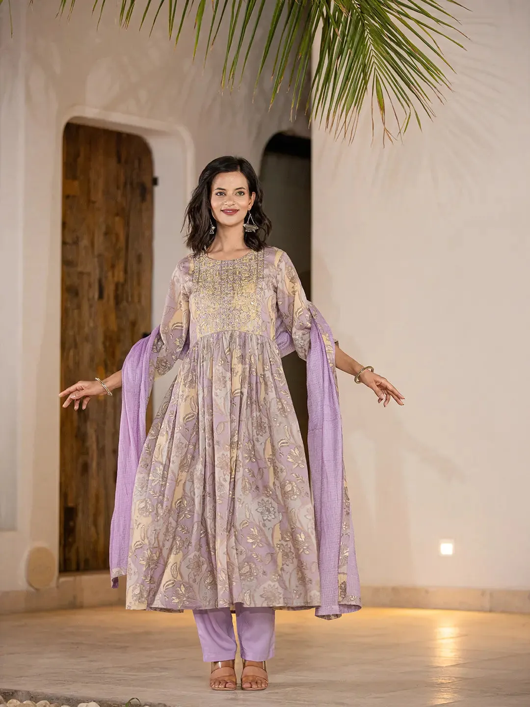 Purple Organic Cotton Floral Print & Embroidered Kurta with Mal Mal Cotton Bottom & Voile Dupatta