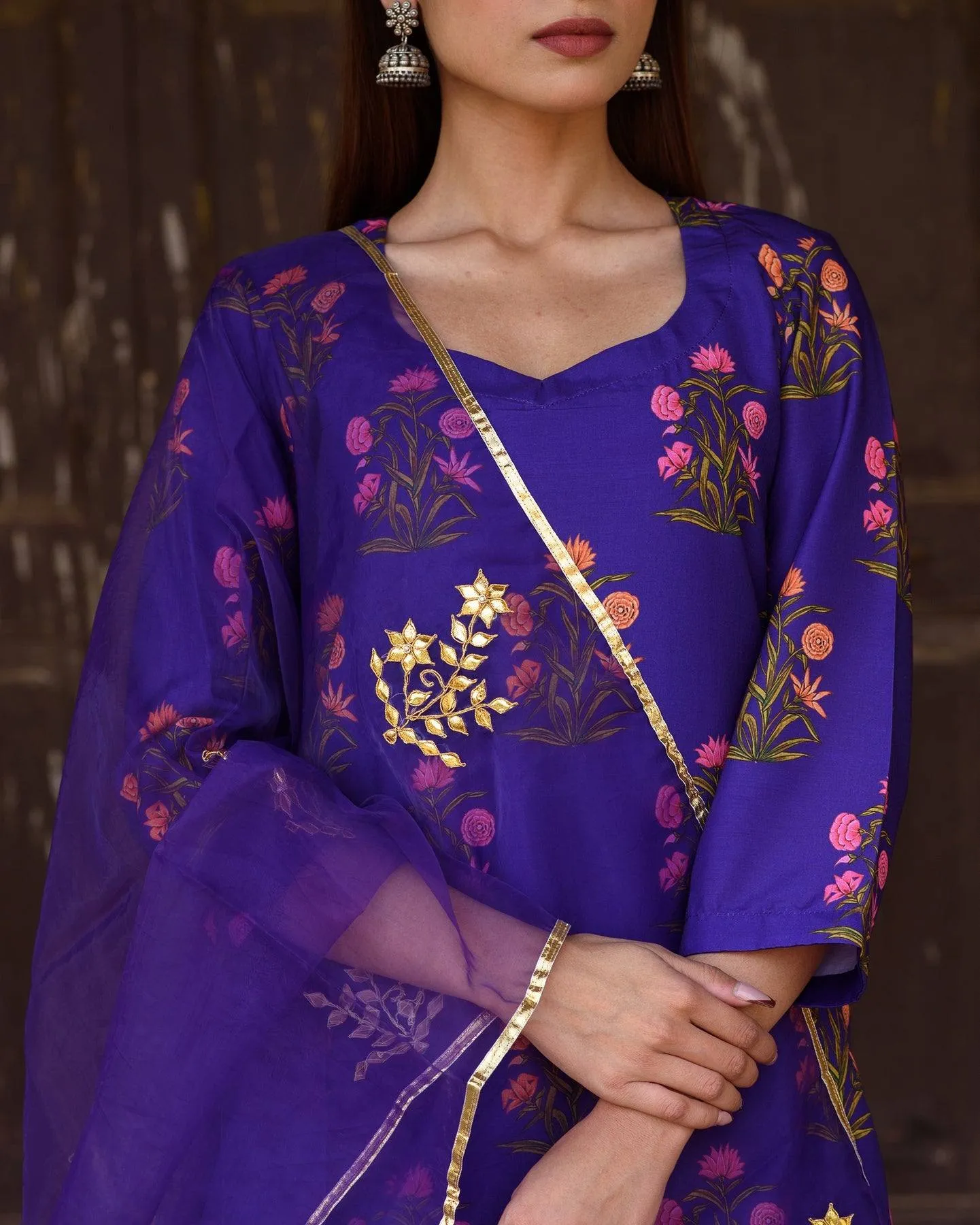 Purple Silk Printed Kurta Suit Set with Organza Dupatta