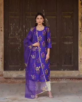 Purple Silk Printed Kurta Suit Set with Organza Dupatta