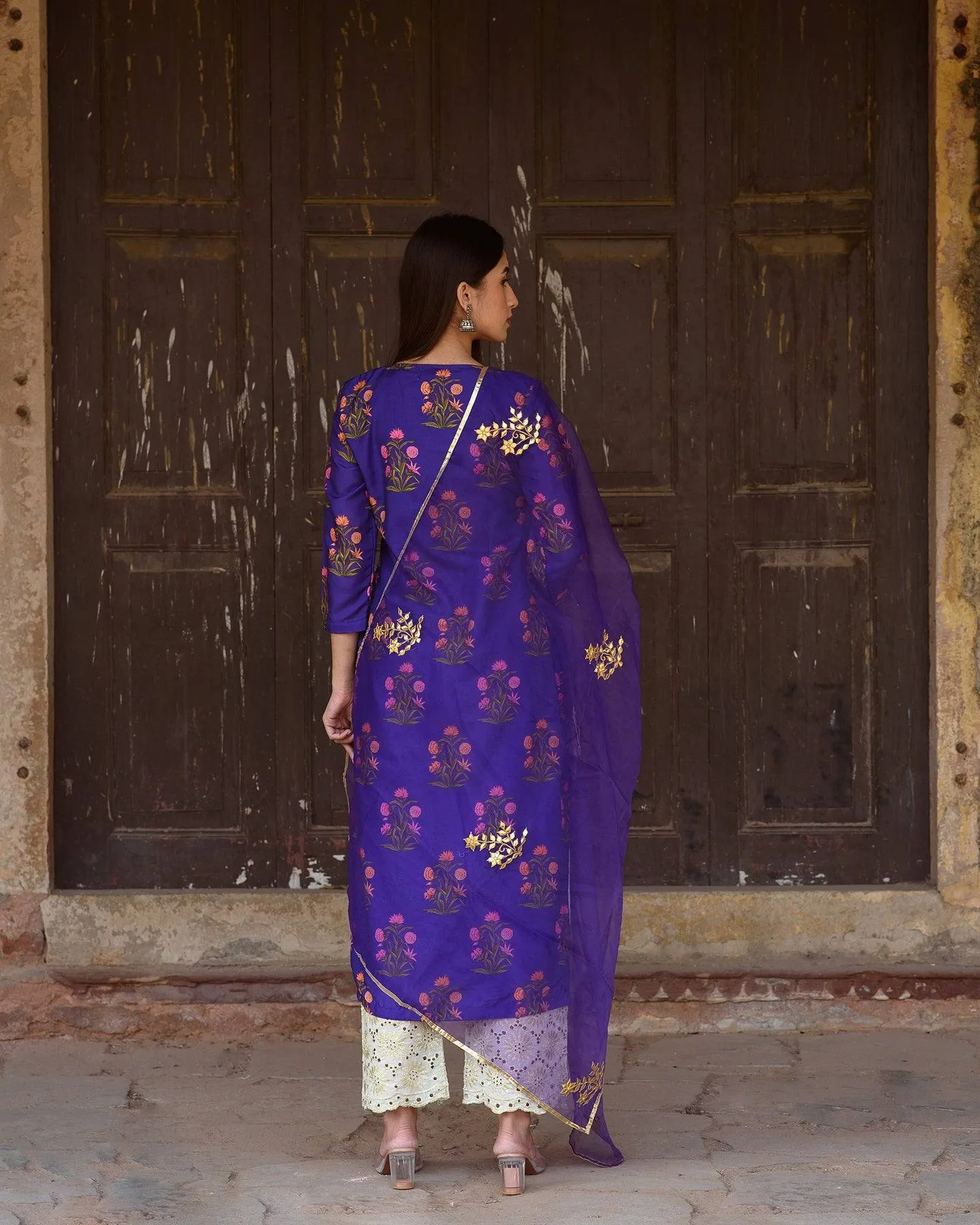 Purple Silk Printed Kurta Suit Set with Organza Dupatta