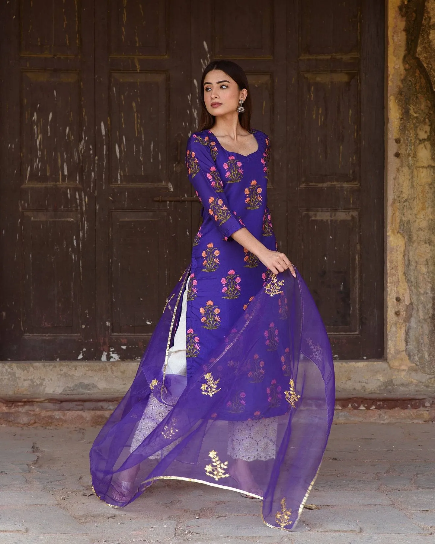 Purple Silk Printed Kurta Suit Set with Organza Dupatta