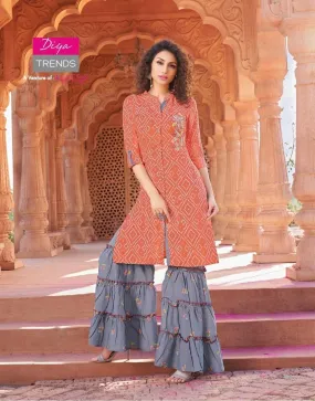 Rayon Orange Kurti with Printed Sharara Set