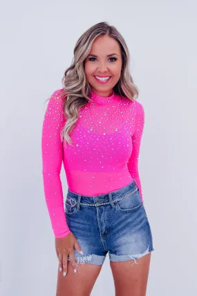 Regal Rhinestone Mesh Bodysuit - Pink