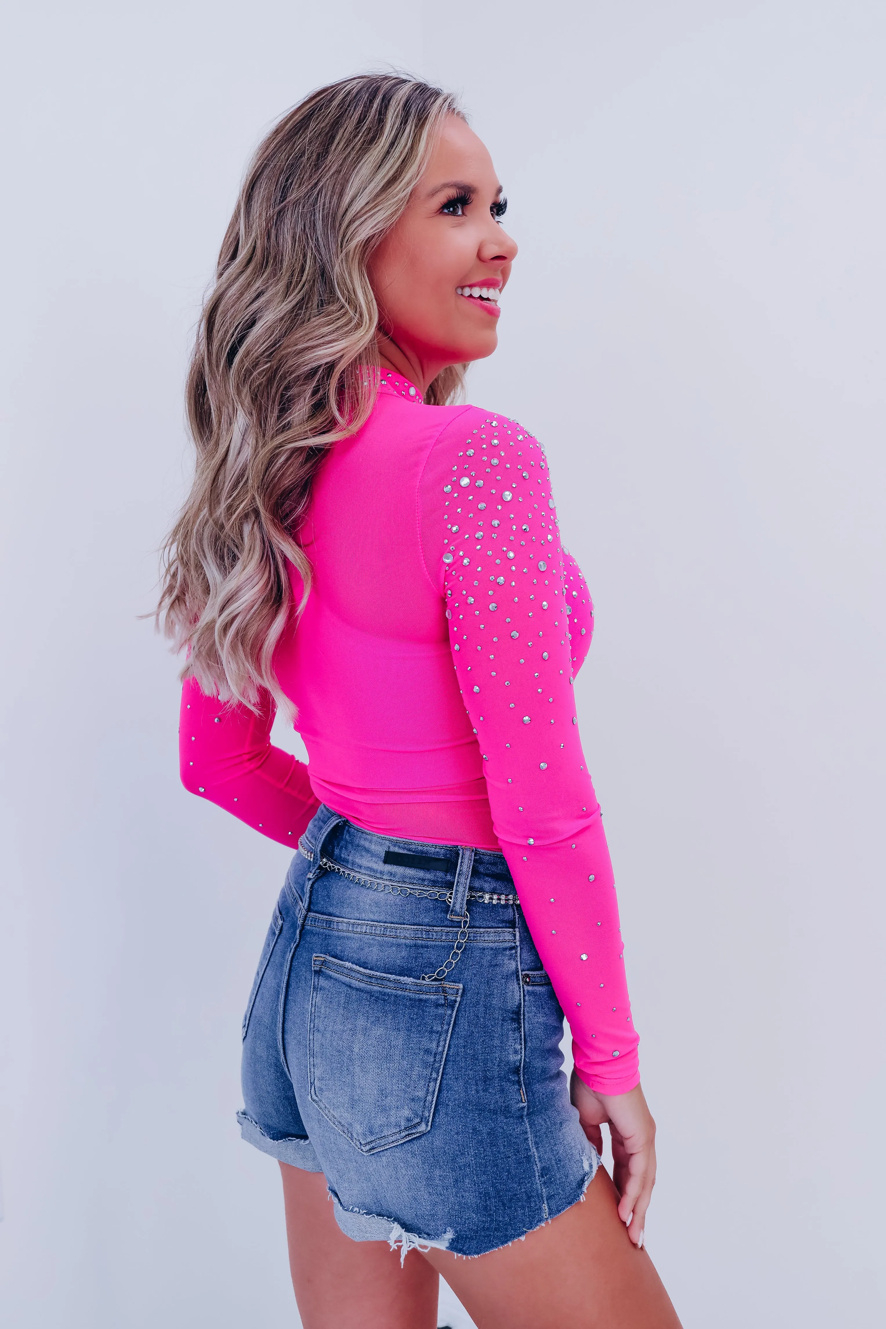Regal Rhinestone Mesh Bodysuit - Pink