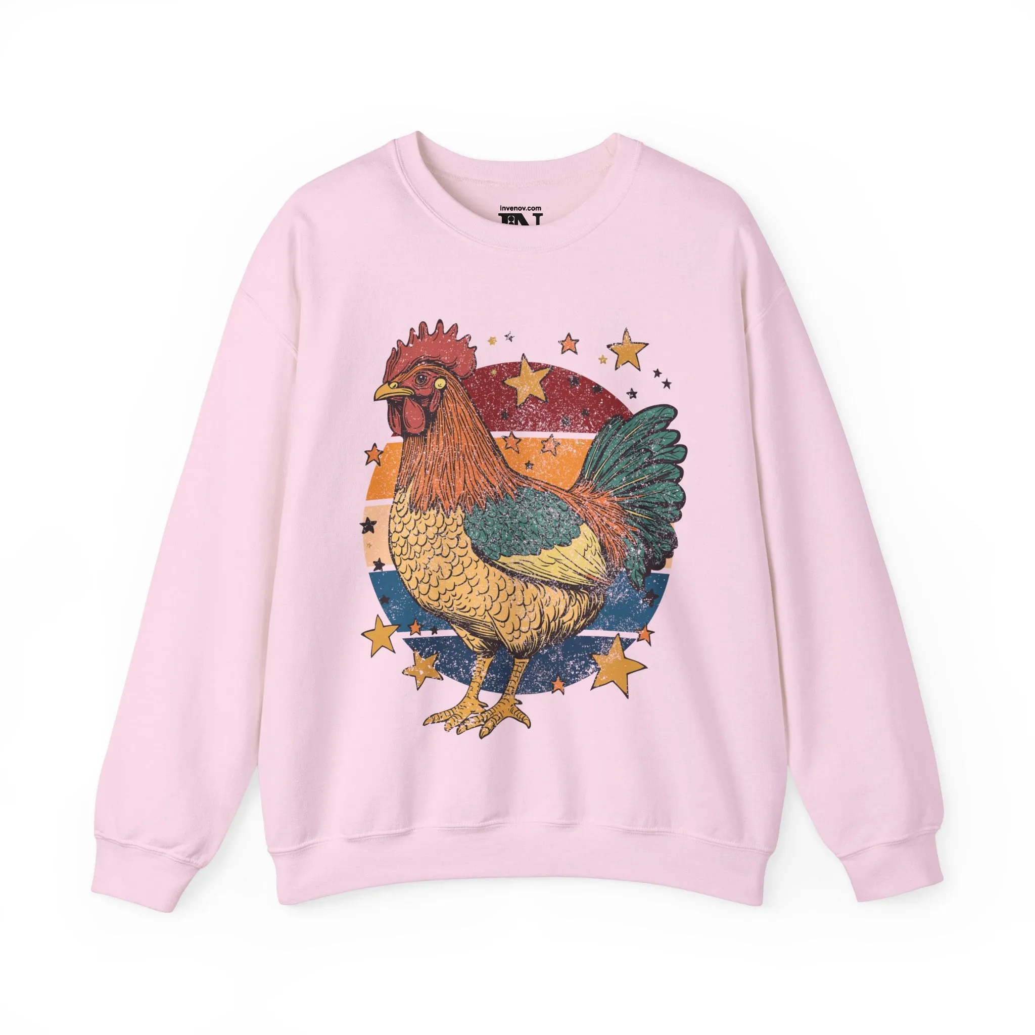 Rooster Retro Graphic Sweatshirt, Vintage Farm Charm Crewneck Jumper, Rustic Chicken Print Sweater, Bold Animal Lover Top, Distressed Style
