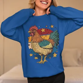 Rooster Retro Graphic Sweatshirt, Vintage Farm Charm Crewneck Jumper, Rustic Chicken Print Sweater, Bold Animal Lover Top, Distressed Style