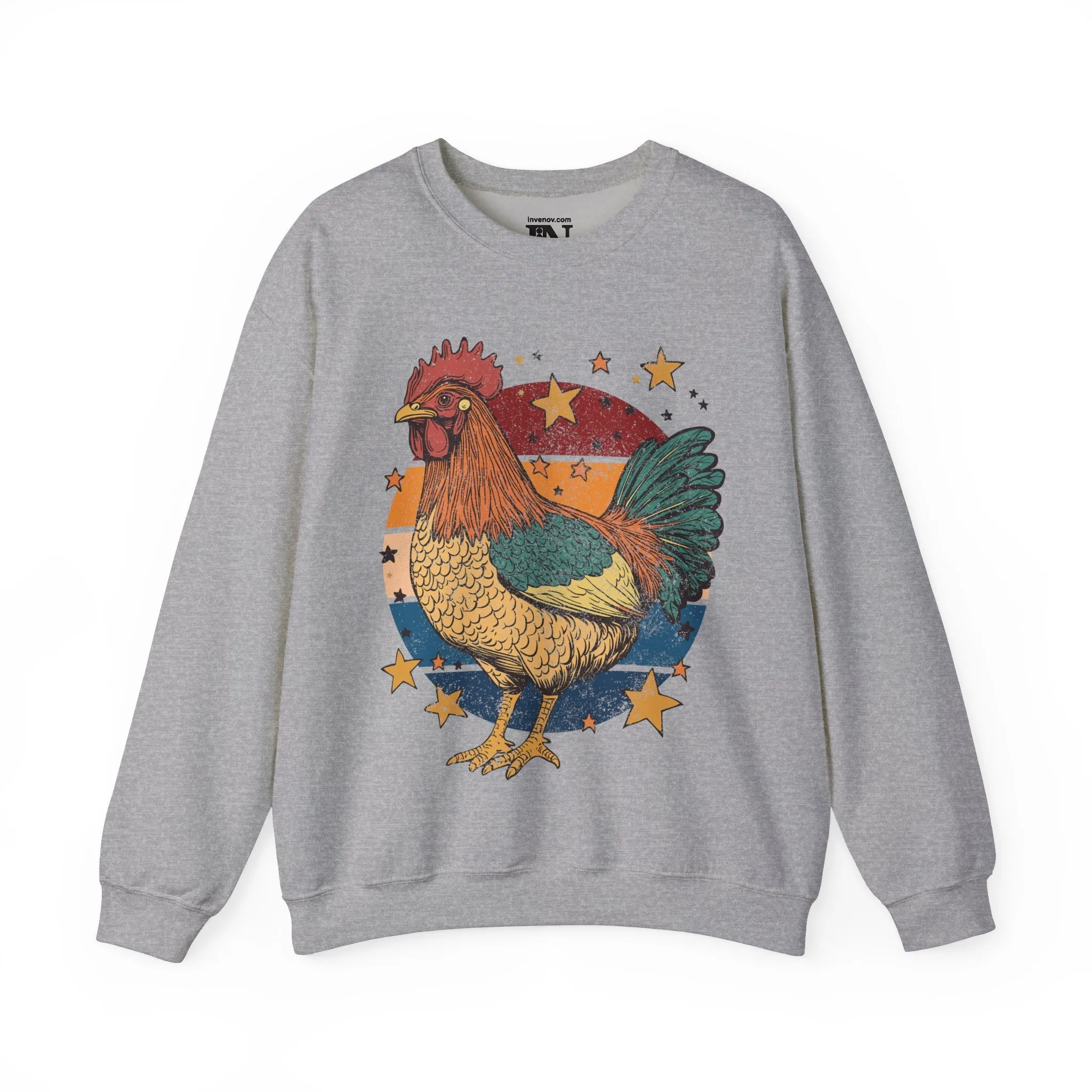 Rooster Retro Graphic Sweatshirt, Vintage Farm Charm Crewneck Jumper, Rustic Chicken Print Sweater, Bold Animal Lover Top, Distressed Style