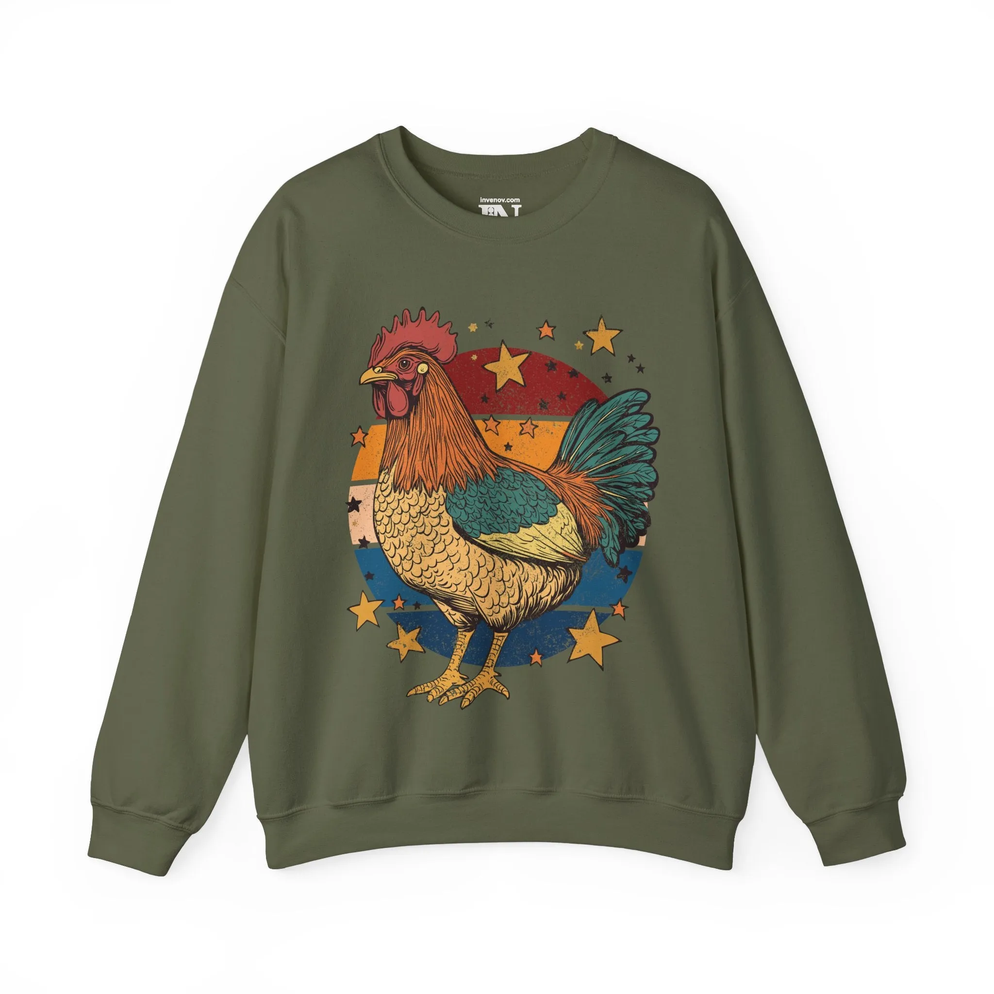 Rooster Retro Graphic Sweatshirt, Vintage Farm Charm Crewneck Jumper, Rustic Chicken Print Sweater, Bold Animal Lover Top, Distressed Style